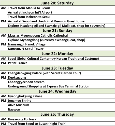 한국 6일 여행 일정표 (Korea Travel Itinerary 6 Days)